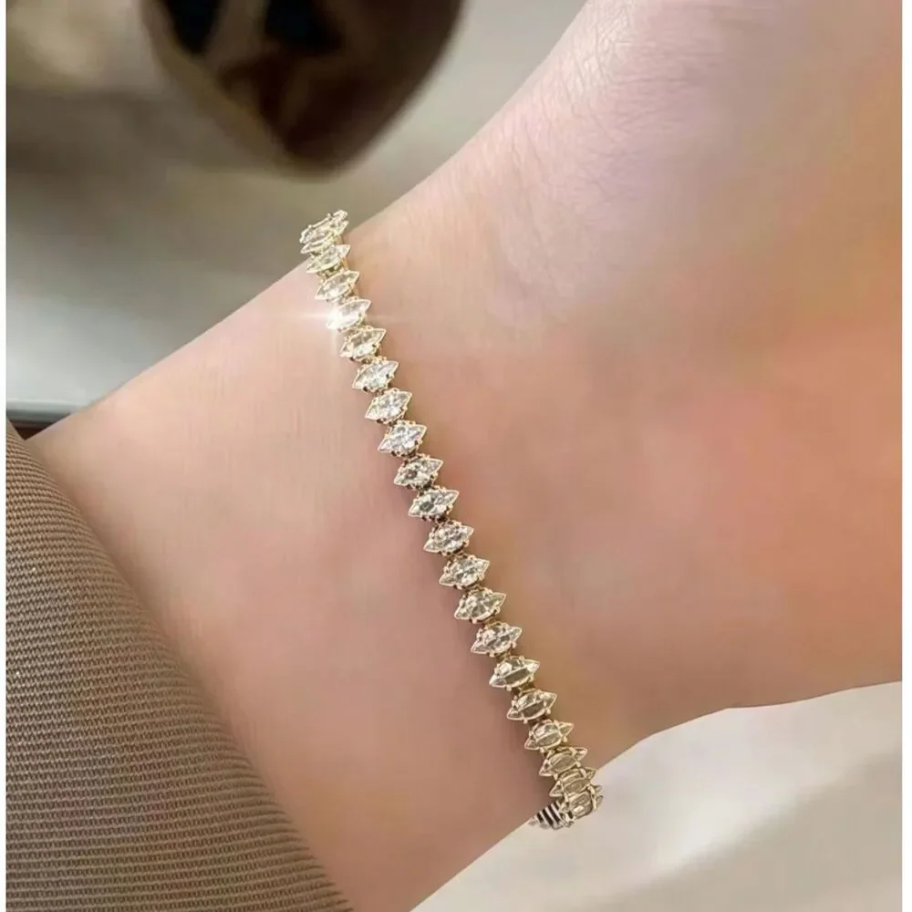 Marquise Cut Zirconia Crystal Gold Tennis Bracelet Clear Gemstone 2.5mm Elegant